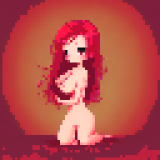 cute sexy girl, 14 years old, nude, hot, big boobs, red hair, coy smile, blushes, sRGB, pixel art, background, landscape