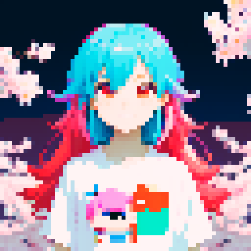 Anime inspired character with vibrant hair, expressive eyes, and a playful smile, surrounded by pixelated cherry blossoms and glowing neon lights, all rendered in the vibrant sRGB color space