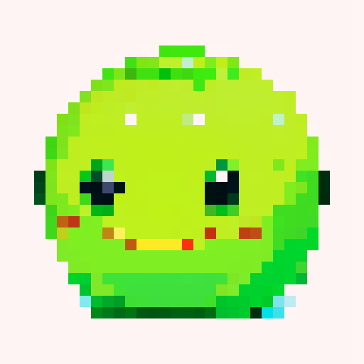 A simple, semi-transparent green blob with large, round eyes and a cheerful smile. No background.
