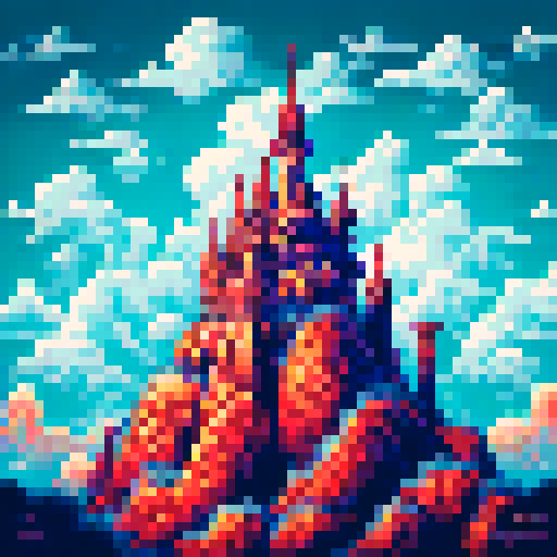 Gloomy temples with intricate carvings, towering over cramped streets lined with shrines, all set against a somber pixelated sRGB background of a cityscape