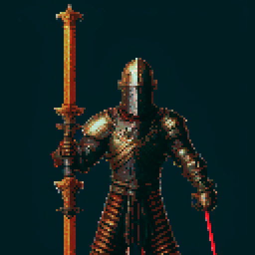 pixel art picture of a human male knight with a two-hand sword, vibrant colors, detailed shading, and smooth lines, heavy armor, confident stance, muscular build, armored helmet, deep red and gold armor, detailed sword, detailed shading, smooth lines