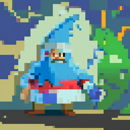Create a pixel art character of a whimsical wizard, inspired by a cartoon style similar to the provided image. The wizard should wear a blue robe covered with yellow stars and a matching pointy hat. He should have a playful grin