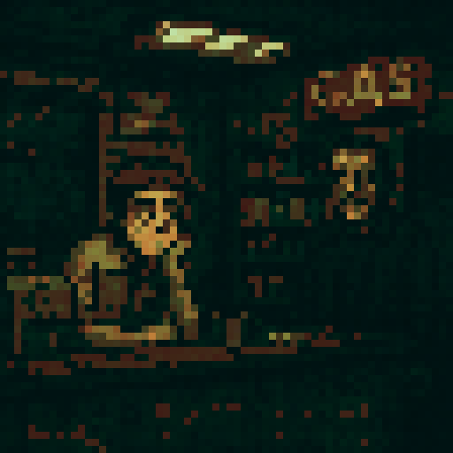 dirty old gas station interior with a tired young male clerk behind the counter. a creep smiling customer is standing and staring.
