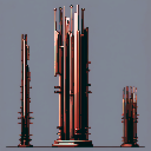 I want a tall vertical copper structure reminiscent of a organ pipe. It should have strange mechanical details that could interlock with each other. I also want this object usable an asset in a videogame, meaning only one object per image, outlined with a strong black stroke, on a solid-color background.