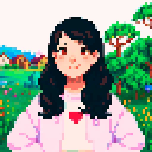 stardew valley-inspired, woman, asian, pixel art, sRGB, vibrant colors, rustic backdrop, dark hair, glowing skin, gentle smile, rosy cheeks