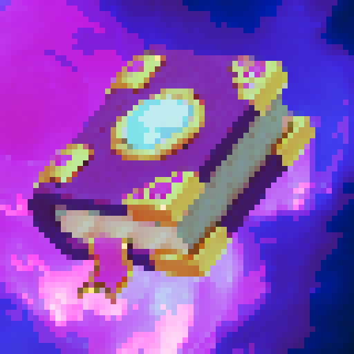 A mystical tome bound in deep violet, its ornate golden corners adorned with gleaming pink gemstones. A luminous blue crystal rests at its heart, radiating arcane energy, while a satin ribbon bookmark peeks from its enchanted pages. Rendered in a vibrant, fantasy-inspired digital painting, floating against a cosmic nebula, captured in a mesmerizing close-up portrait.