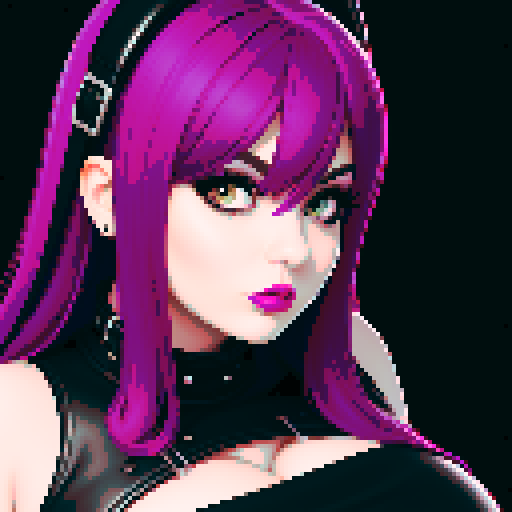 curvy, busty goth girl, whole head portrait, face portrait, close up, glamour shot, leather halter top, modern tile backsplash, vivid colors, pixel art, sRGB