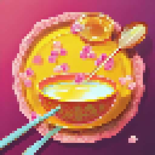 "Honey Heaven" cereal box, adorned with buzzing cartoon bees and golden honeycombs, sits atop a vibrant pink and yellow breakfast table with milk pouring into the bowl, all rendered in a retro 1950s art style.