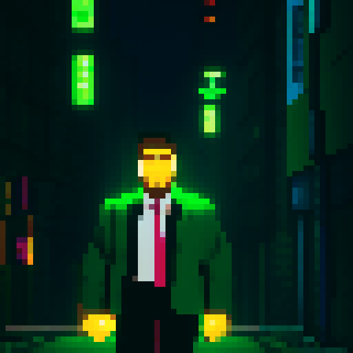 Green-suited detective, cigarette in hand, stands in a dark alleyway, illuminated only by the neon glow of a nearby sign, surrounded by towering skyscrapers and gritty, pixelated graffiti.