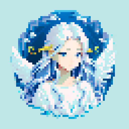 Beautiful ethereal angel with chrome wings, flowing hair, and a serene expression, rendered in pixel art with crisp, defined lines and a vibrant sRGB color palette. no background