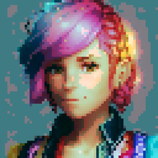 stardew valley-inspired, woman, pixel art, sRGB, vibrant colors, rustic backdrop, braided hair, glowing skin, gentle smile, freckles, rosy cheeks