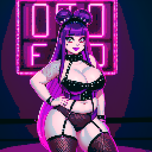 Thicc, curvy, busty goth babe with studded collar, long purple hair in buns, fishnet stockings, studded halter top, posing for photo. neon signage, pixel art, sRGB. 4:5 ratio