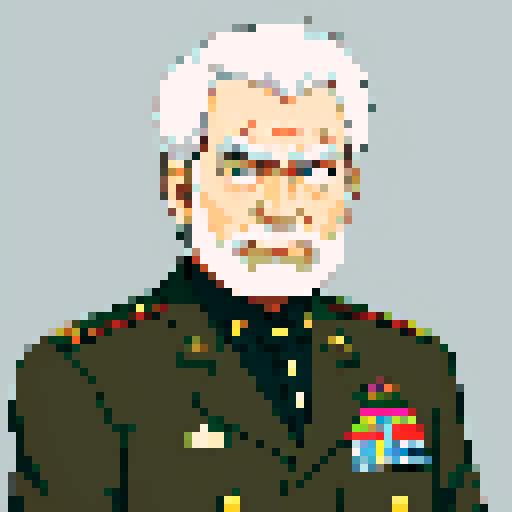 minister of defense, serious expression, graying hair, piercing eyes, close-up, confident stance, anime style, pixel art, military uniform, front view, old man