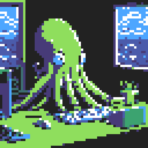 big octopus, tentacles typing on laptop, pixelated keyboard, vibrant colors, retro computer screen, low resolution, sRGB color space