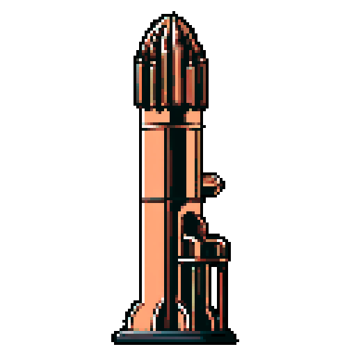 I want a tall vertical copper structure reminiscent of a organ pipe. It should have strange mechanical details that could interlock with each other. I also want this object usable an asset in a videogame, meaning only one object per image, outlined with a strong black stroke, on a solid-color background.