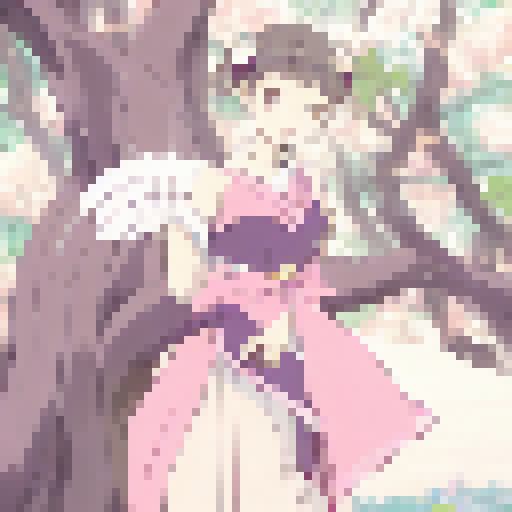 Anime-style beautiful girl with voluptuous breasts surrounded by cherry blossom trees, holding a fan and wearing a flowing yukata.