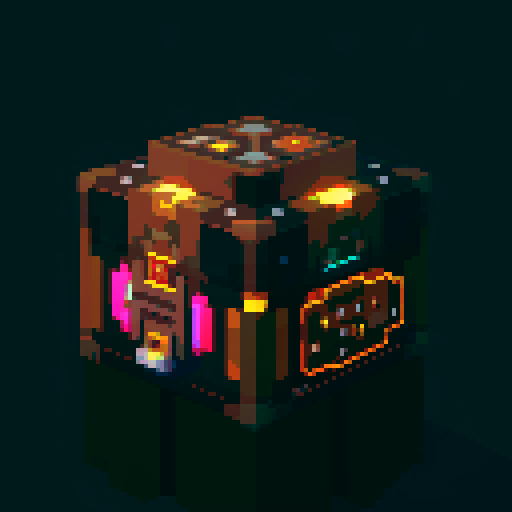futuristic bulky lootbox, glowing buttons, intricate details, space stars galaxy glow, pixel art style