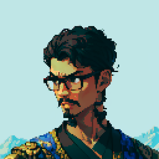 Southeast Asian man, short curly hair, round glasses, tanned, goatee, diamond shaped face, black eyes, wearing a robe