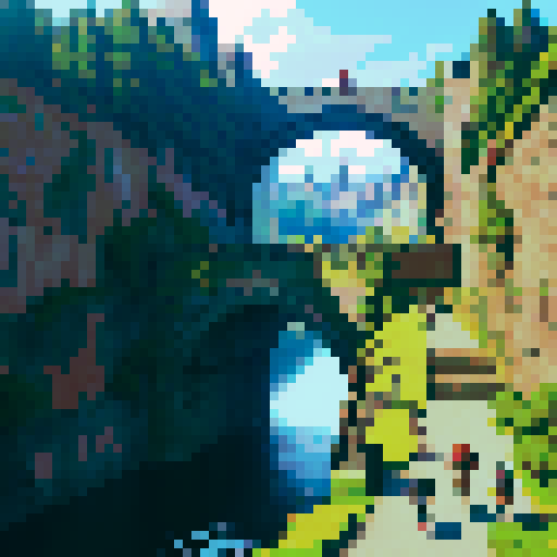 Tactical rpg fight on a stone bridge spanning a deep chasm, city walls to the left