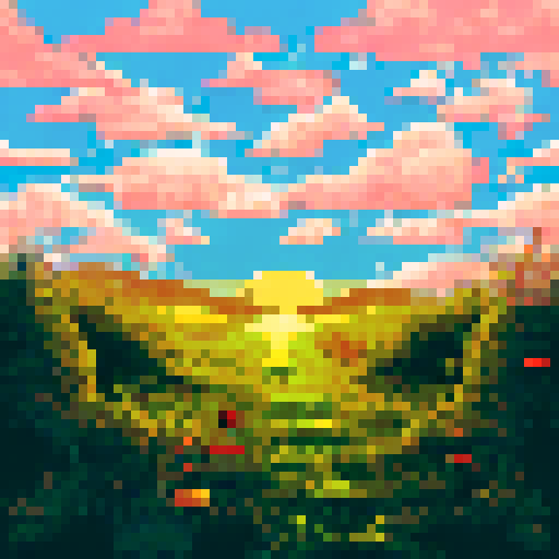 Foamy head, amber liquid, condensation droplets, label peeling off, nestled in a grassy field, surrounded by rolling hills, with a bright blue sky overhead, all in pixelated perfection