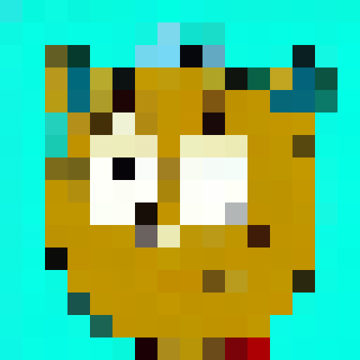 cartoon cat, turquoise background, big-eyed with halfway-down eyelids, game icon style, 16x16, pixel art, close up, portrait