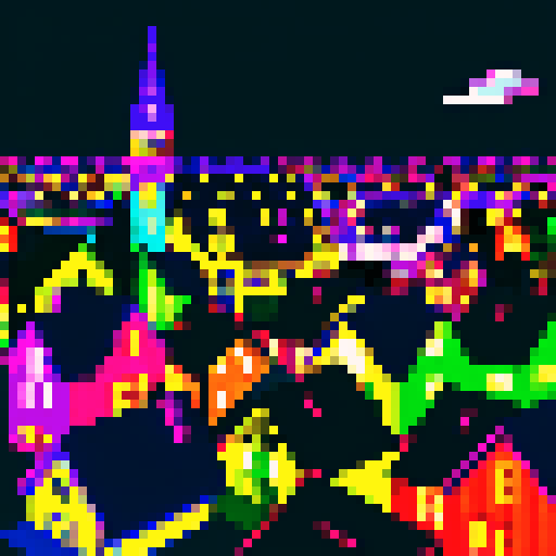 pixelated houses with vibrant rooftops, a mysteriously glitched, black, out-of-place abode, sRGB, pixel art