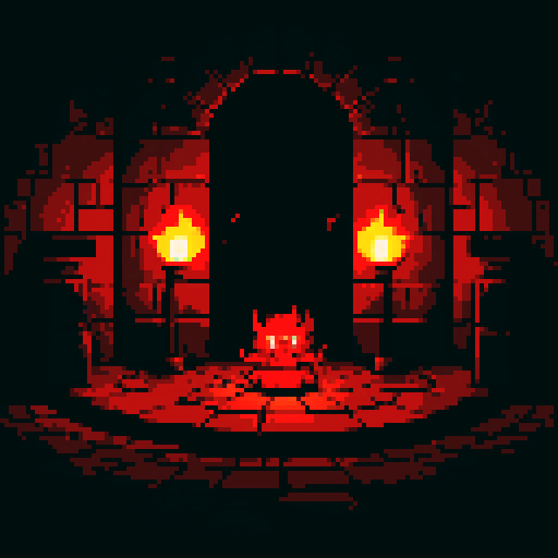 Pixel art flames flickering on a blood-red, cracked, stone floor, with eerie shadows dancing under dim, flickering torchlight in Satan's lair