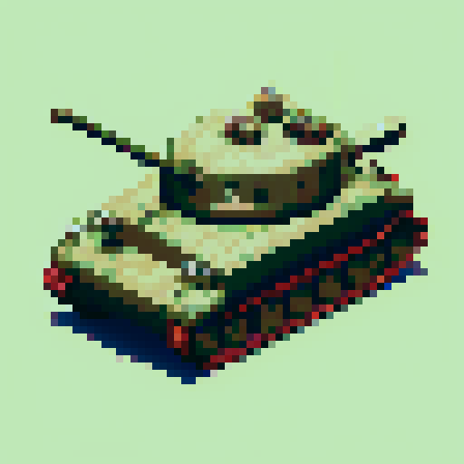 top-down pixel art sprite sheet featuring a World War II army tank from a bird's eye view, showcasing its sleek, olive green body, rugged tank treads, rotating turret with a menacing barrel, and dynamic animations capturing its forward, backward, left and right movements, as well as its turret rotation and firing actions, all rendered in a captivating pixel art style