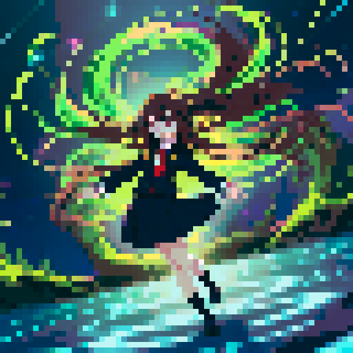 anime girl with long, glowing eyes, flowing hair, dark colors, hovering above the ground in a revealing school uniform, with a 16 bit style that pops against the sRGB color palette
