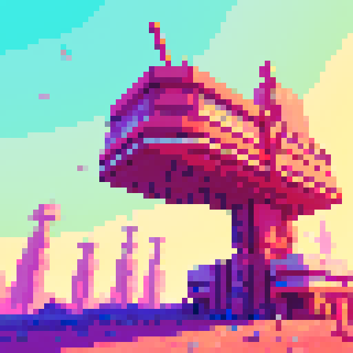 retro-futuristic excavation building, vibrant and neon colors, towering structures, mechanical cranes, robotic workers, dusty wasteland, pixelated landscapes, futuristic technology
