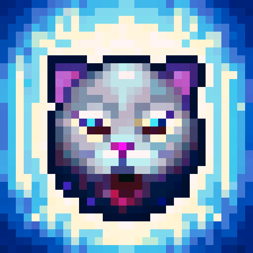 silly cat, game icon, 32x32 pixel art, sRGB, skill art, close up, portrait, vibrant colors, mischievous expression, exaggerated whiskers, playful background, cartoonish style