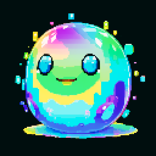 A radiant, multi-colored slime with a prismatic body that splits light into vibrant colors. It has luminous eyes and a delighted expression, with a rainbow effect shimmering across its surface. No background.
