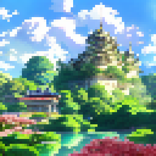 Regal princess, golden crown, fluttering butterflies, delicate cherry blossom petals, lush green garden, castle in background, all in anime style.