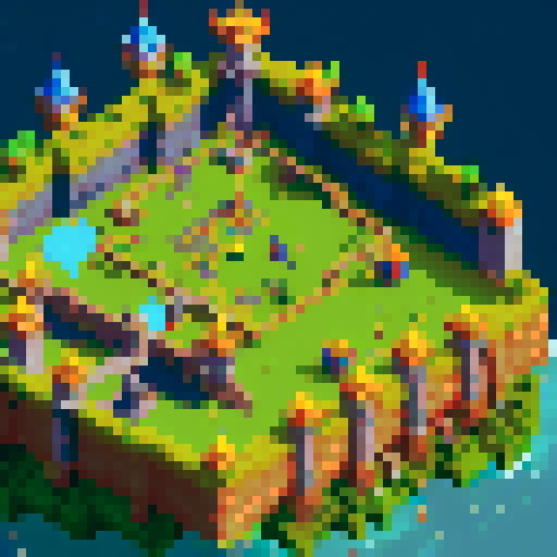 Pixelated castle in Zelda, towering turrets, a moat with floating rupees, Link on horseback charging towards the drawbridge