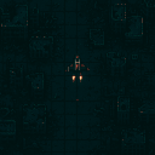 top down shmup. desolate futuristic city, dark colors. top down view, tile background