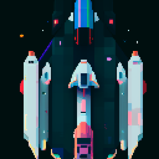 spaceship, retro, vibrant colors, angular design, 8-bit, blocky pixels, glowing exhaust, starry background, neon lights, futuristic, space exploration, cosmic, interstellar travel, sci-fi