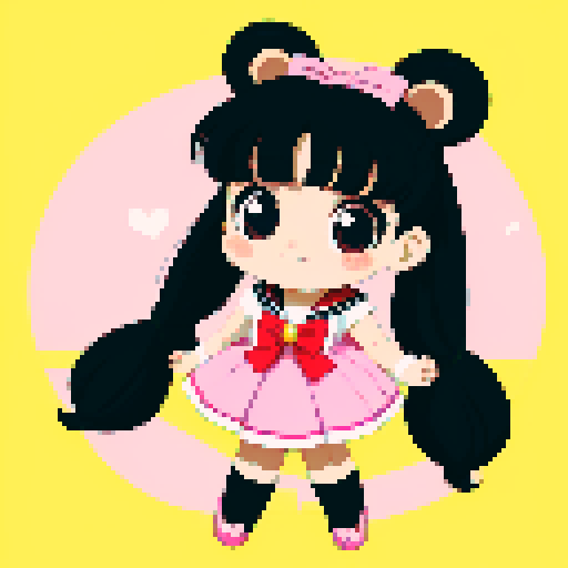 This image features a stylized bear inspired by Sailor Moon, depicted in a chibi art style. The bear has, expressive black eyes and a cute, youthful appearance. The hair is styled in long twin pigtails, accented with pink and gold ribbons, matching the color theme of the outfit, which includes a sailor-style collar and a pink bow. The background is interesting magic landscape, enhancing the character's playful and magical theme. This is a typical example of how popular anime characters