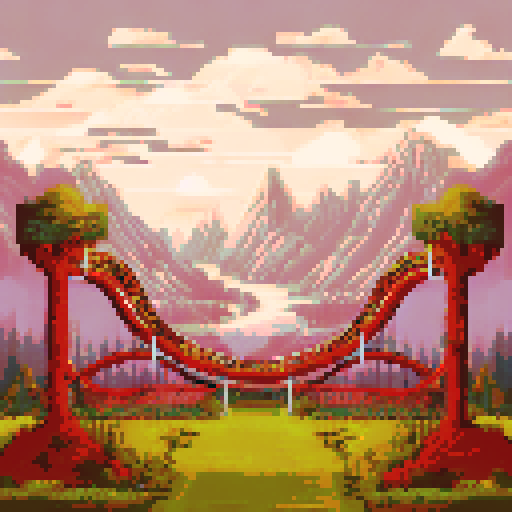roller coaster, vibrant colors, looping tracks, steep drops, excited riders, towering mountains, lush forests, sparkling lakes, pixelated sky, retro charm, nostalgic vibes, pixel art landscape, sRGB palette, dynamic movement, thrilling twists, adrenaline rush, joyful screams, pixelated trees, detailed scenery, immersive experience, intricate pixel work, vibrant background, dreamlike atmosphere