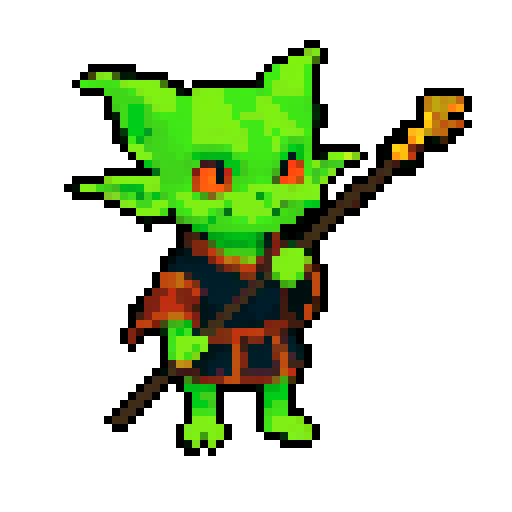 A mystical goblin with tribal markings, a staff, and a magical aura. It wears robes and has glowing eyes, with an air of wisdom and power. No background.
