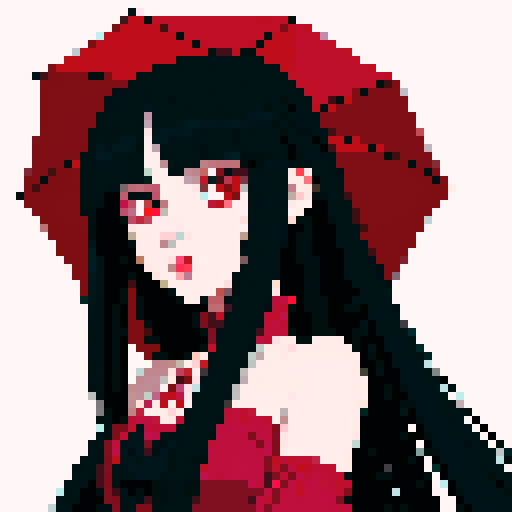 vampire girl with long black hair, pink eyes, dark red dress, umbrella, anime style