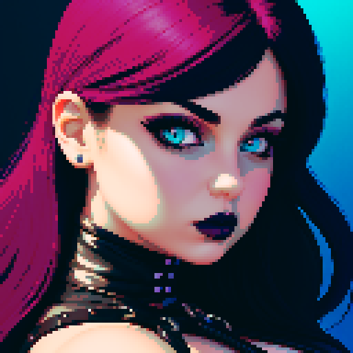 curvy, busty goth girl, whole head portrait, face portrait, close up, glamour shot, leather halter top, modern tile backsplash, vivid colors, pixel art, sRGB