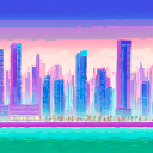 Sun-kissed palm trees towering over a pastel-colored Miami skyline, dotted with neon-lit high rises and art deco architecture