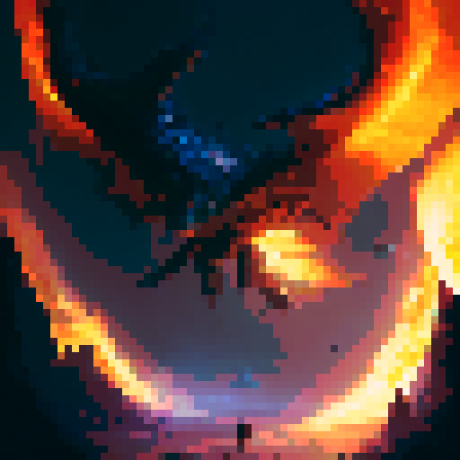 flaming blade, enchanted metal, swirling inferno, ancient artifact, mystical runes, charred hilt, glowing embers, ethereal flames, epic battle, dark cavern, mystical creatures, magical sparks, smoky haze, towering dragon, intricate engravings, shimmering glow, fierce warrior, epic hero, enchanted forest