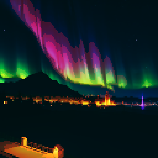 beautiful dramatic aurora borealis over an adorable town at night by Miyazaki