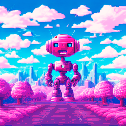 Robot with metallic silver body and glowing red eyes, standing on a grassy bank with pink and white cherry blossom trees in the background, smiling with a square wave mouth in a retro pixel art style