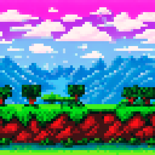 8-bit winter background with lots of sky with colour #29B5E8. Mountains, trees and snow.