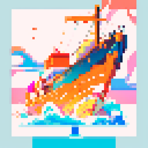 boat with billowing sail, shimmering waves, vibrant orange and pink hues, pixelated art style, sRGB, pixel art, 20 colors used