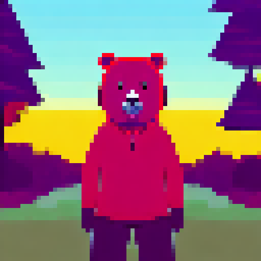 a bear wearing headphones, jumping with its arms in the air, sunset and trees in the background, pixel art, dramatic --ar 9:16 --s 750