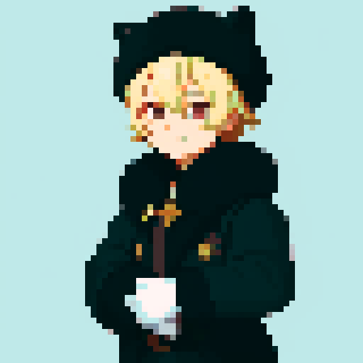 Solo male with perfect anatomy, straight-on, inframe, facing viewer, with round pupils, light blonde hair between eyes, wearing an ushanka hat with a black fur collar, a black vest, puffy sleeves, and black elbow gloves, his light pink eyes looking at the viewer, smile, in a pixel art style with sRGB colors, half closed eyes, best quality, stylised chibi,