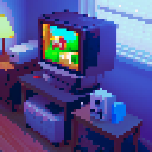 n64 game console in cozy room with the image of a cabin on the screen saying "start"
